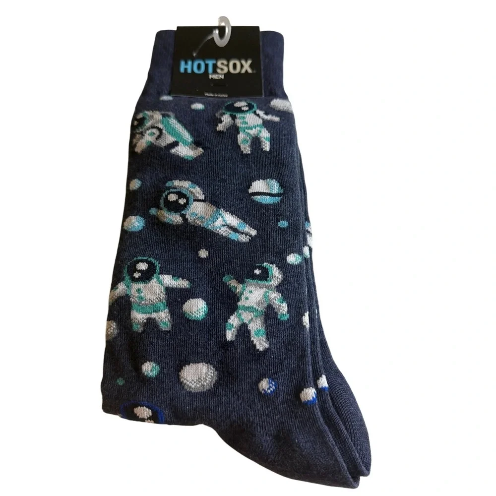 Astronaut Space Galaxy Hot Sox Mens  Navy Blue Novelty Crew Socks - Picture 2 of 3